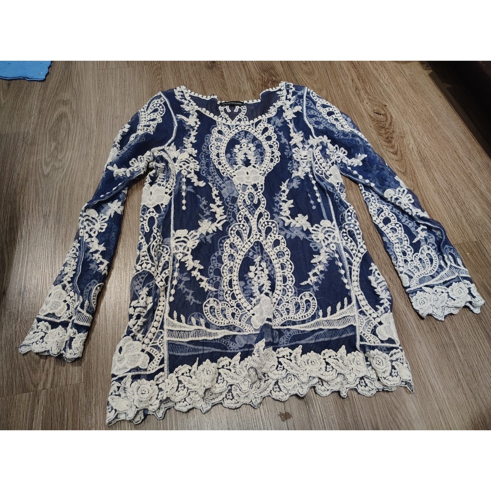 You Are Not Alone Women's XL Blue White Embroidered Lace Mesh Tunic Top Boho...